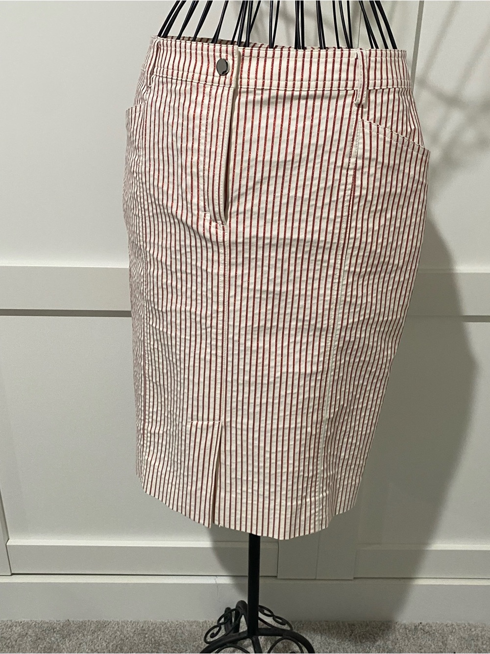 Doncaster Cream and Red Striped Pencil Skirt
